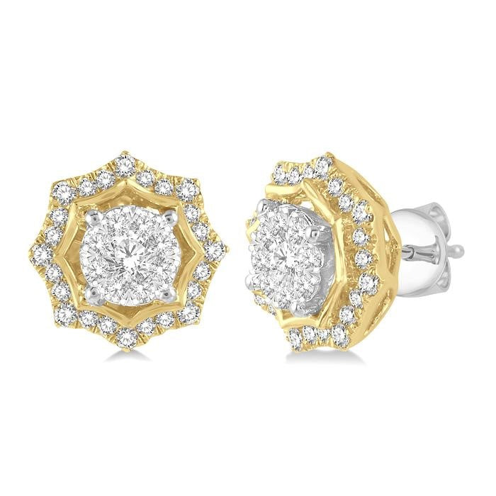 1/2 Ctw Star Lattice Shine Bright Round Cut Diamond Earrings in 14K White and Yellow Gold