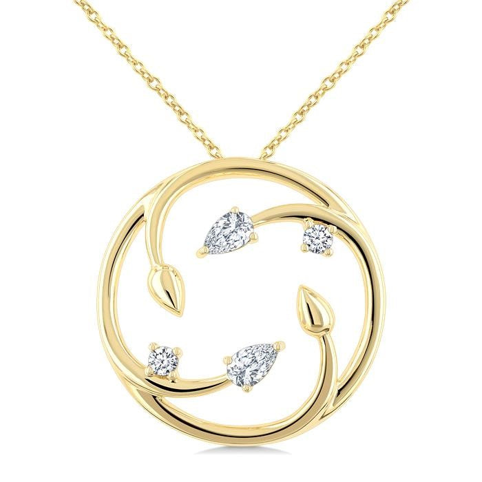 1/4 Ctw Branched Leaf Pear and Round Cut Diamond Circle Fashion Pendant With Chain in 14K Yellow Gold