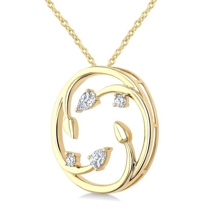 1/4 Ctw Branched Leaf Pear and Round Cut Diamond Circle Fashion Pendant With Chain in 14K Yellow Gold