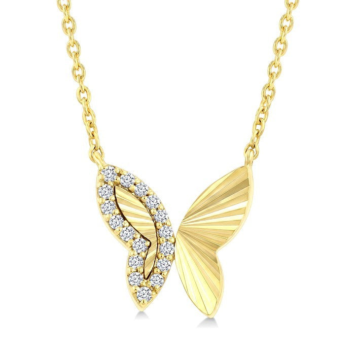 1/10 Ctw Round Cut Diamond Pirouette Fluted Texture Butterfly Fashion Pendant With Chain in 10K Yellow Gold