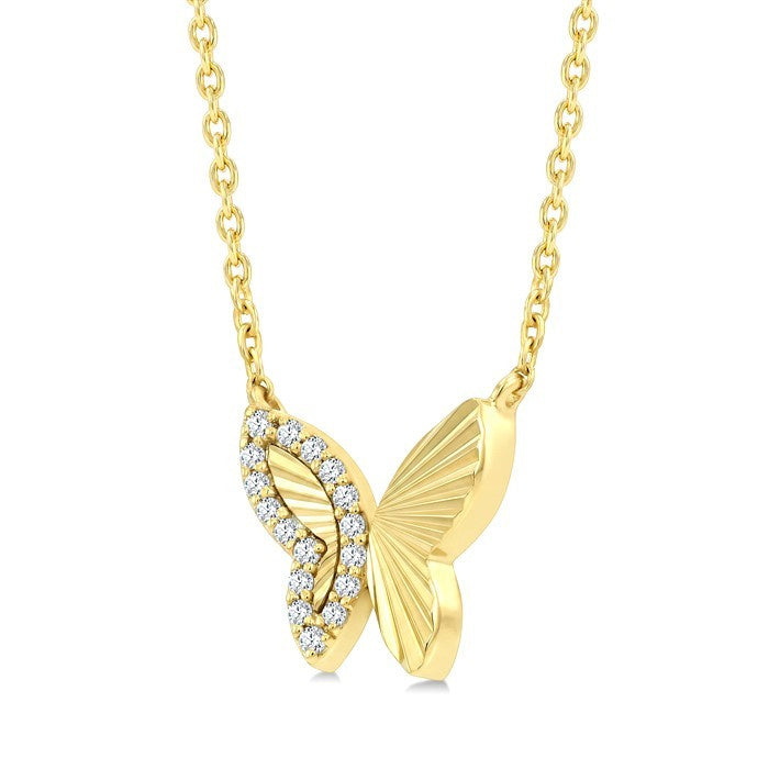 1/10 Ctw Round Cut Diamond Pirouette Fluted Texture Butterfly Fashion Pendant With Chain in 10K Yellow Gold