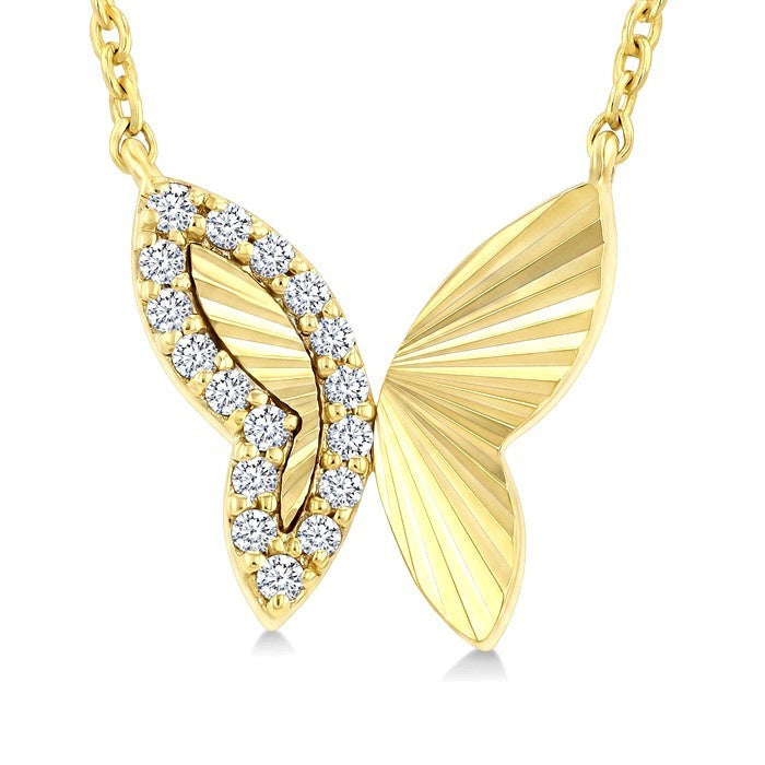 1/10 Ctw Round Cut Diamond Pirouette Fluted Texture Butterfly Fashion Pendant With Chain in 10K Yellow Gold
