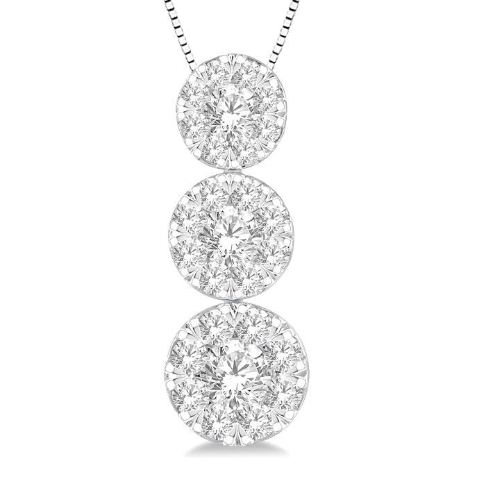 1 Ctw Shine Bright 3 stone Essential Round Cut Diamond Pendant with Chain in 14K White Gold