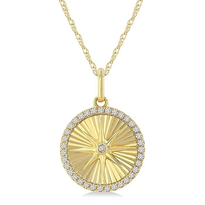1/5 Ctw Fluted Circle Star Medallion Round Cut Diamond  Fashion Pendant With Chain in 14K Yellow Gold