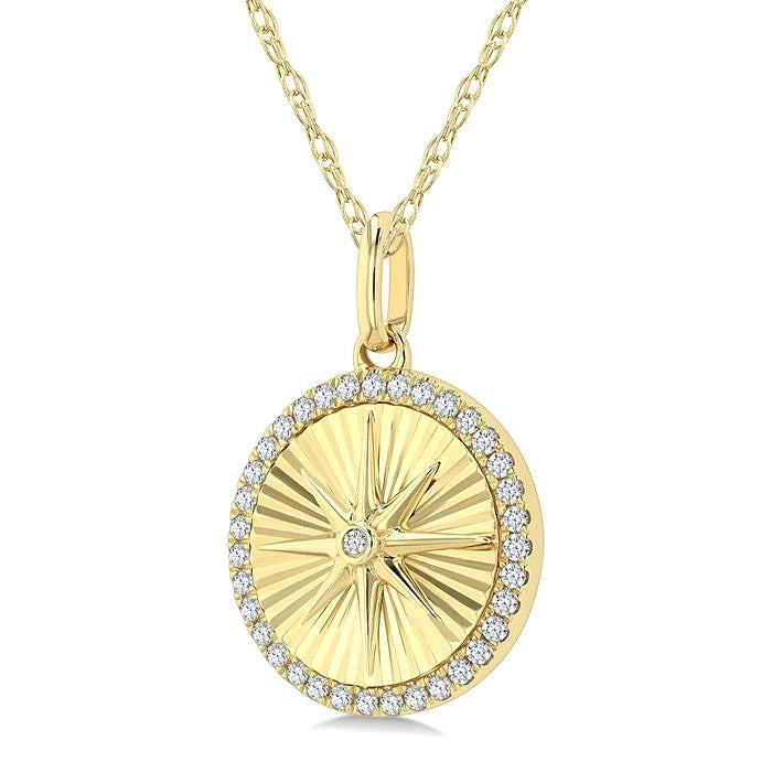 1/5 Ctw Fluted Circle Star Medallion Round Cut Diamond  Fashion Pendant With Chain in 14K Yellow Gold