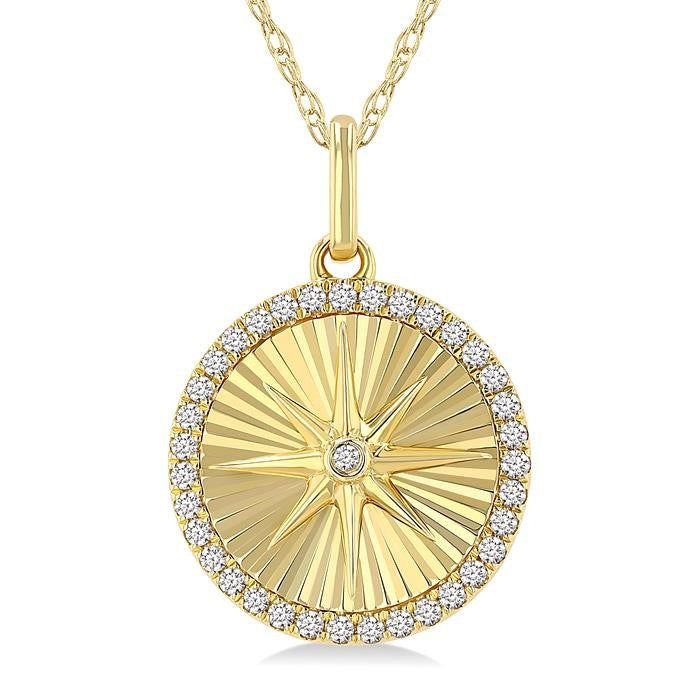 1/5 Ctw Fluted Circle Star Medallion Round Cut Diamond  Fashion Pendant With Chain in 14K Yellow Gold