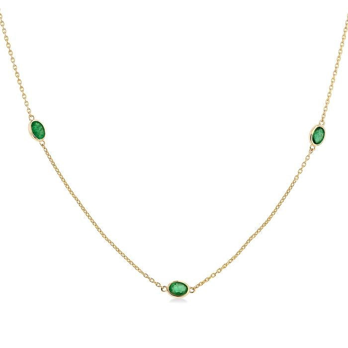 4x3 MM Oval Cut Emerald Precious Station Necklace in 14K Yellow Gold