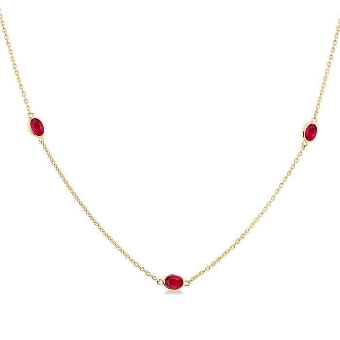4x3 MM Oval Cut Ruby Precious Station Necklace in 14K Yellow Gold
