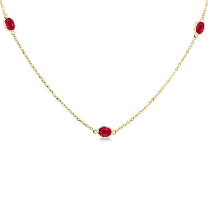 4x3 MM Oval Cut Ruby Precious Station Necklace in 14K Yellow Gold