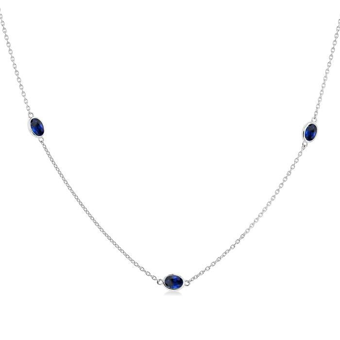 4x3 MM Oval Cut Sapphire Precious Station Necklace in 14K White Gold