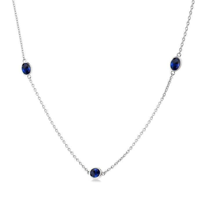 4x3 MM Oval Cut Sapphire Precious Station Necklace in 14K White Gold
