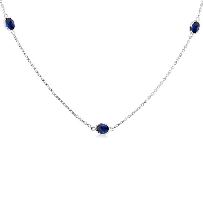 4x3 MM Oval Cut Sapphire Precious Station Necklace in 14K White Gold