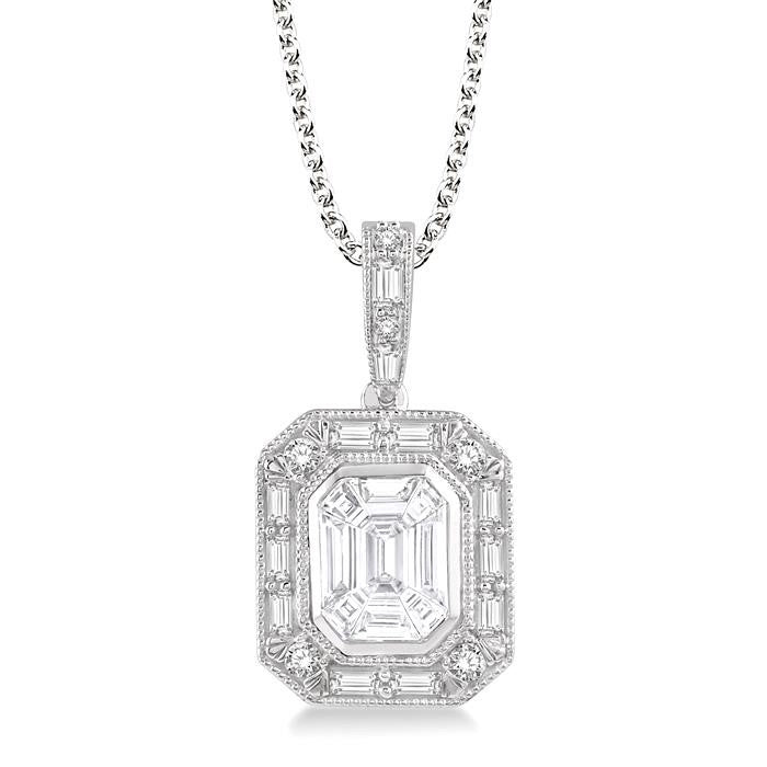 7/8 Ctw Emerald, Baguette & Round Cut Fusion Diamond Pendant With Chain in 14K White Gold