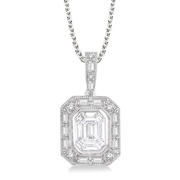 7/8 Ctw Emerald, Baguette & Round Cut Fusion Diamond Pendant With Chain in 14K White Gold