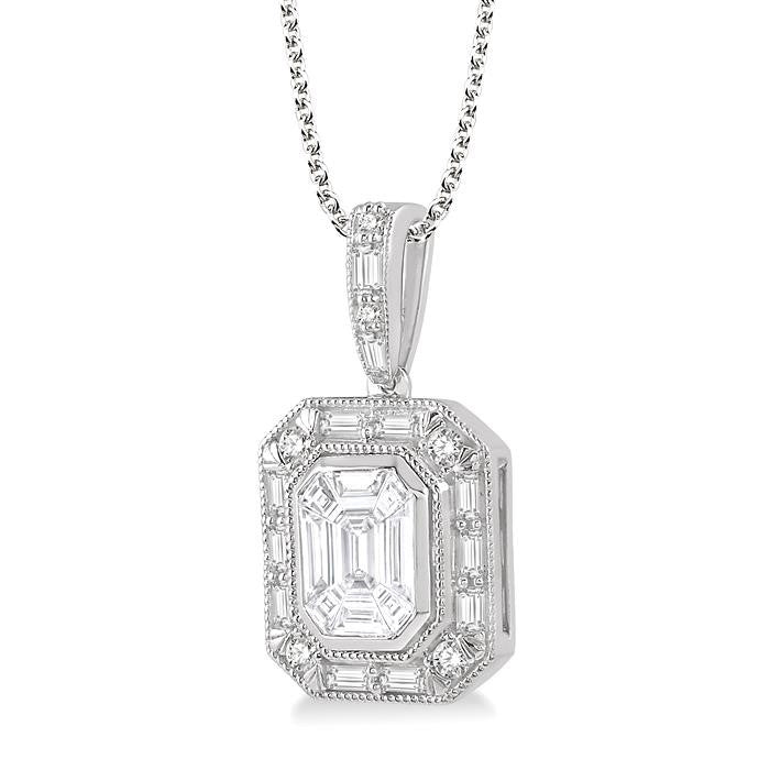 7/8 Ctw Emerald, Baguette & Round Cut Fusion Diamond Pendant With Chain in 14K White Gold