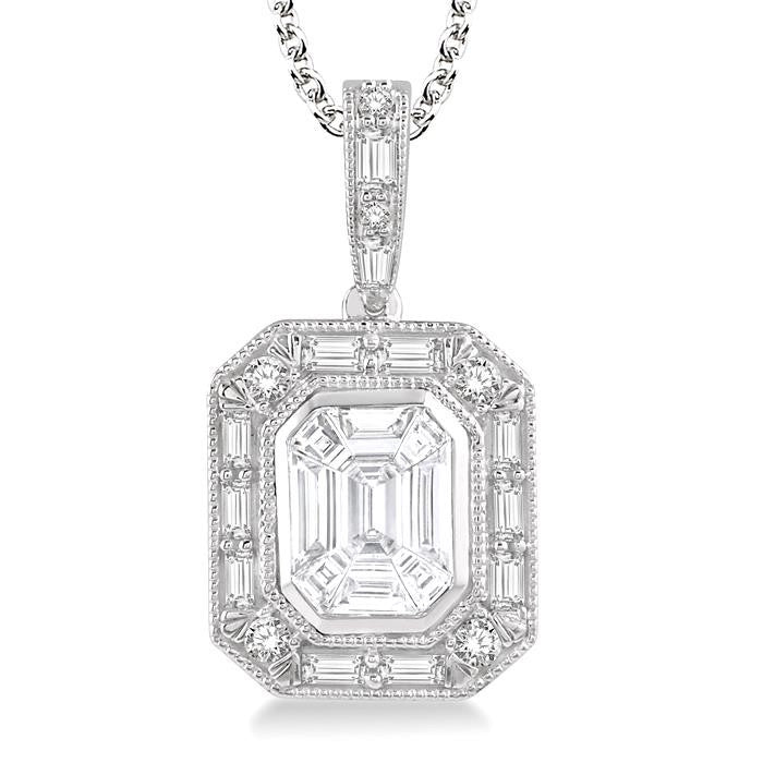 7/8 Ctw Emerald, Baguette & Round Cut Fusion Diamond Pendant With Chain in 14K White Gold