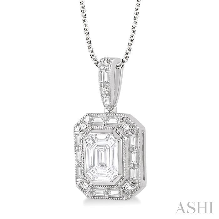 7/8 Ctw Emerald, Baguette & Round Cut Fusion Diamond Pendant With Chain in 14K White Gold