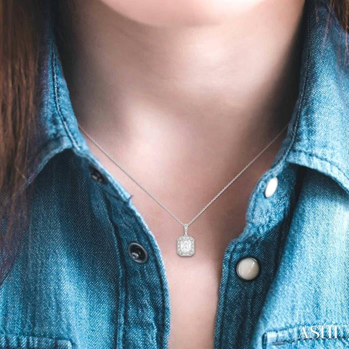 7/8 Ctw Emerald, Baguette & Round Cut Fusion Diamond Pendant With Chain in 14K White Gold