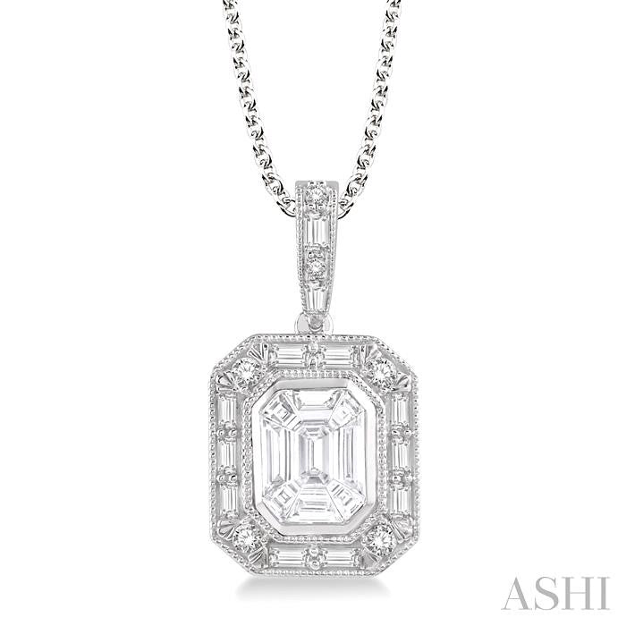 7/8 Ctw Emerald, Baguette & Round Cut Fusion Diamond Pendant With Chain in 14K White Gold