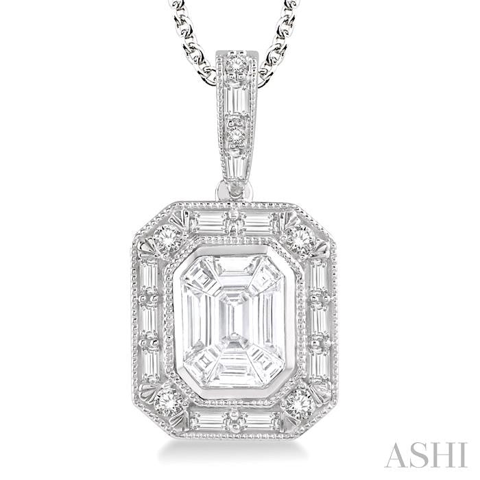 7/8 Ctw Emerald, Baguette & Round Cut Fusion Diamond Pendant With Chain in 14K White Gold