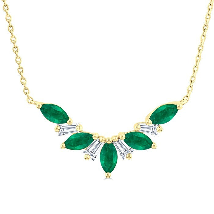5x2.5 MM Marquise Cut Emerald and 1/6 Ctw Baguette Cut Diamond Precious Gemstone Necklace in 14K Yellow Gold