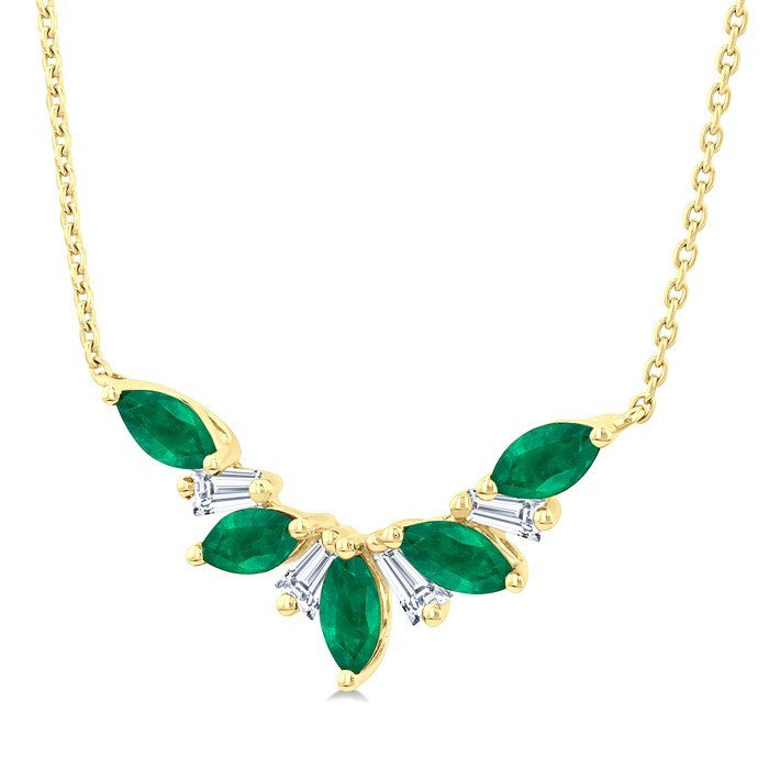 5x2.5 MM Marquise Cut Emerald and 1/6 Ctw Baguette Cut Diamond Precious Gemstone Necklace in 14K Yellow Gold