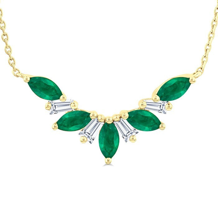 5x2.5 MM Marquise Cut Emerald and 1/6 Ctw Baguette Cut Diamond Precious Gemstone Necklace in 14K Yellow Gold