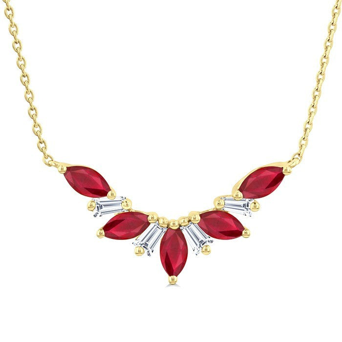 5x2.5 MM Marquise Cut Ruby and 1/6 Ctw Baguette Cut Diamond Precious Gemstone Necklace in 14K Yellow Gold