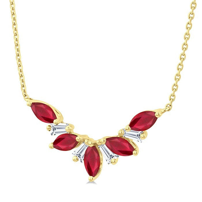 5x2.5 MM Marquise Cut Ruby and 1/6 Ctw Baguette Cut Diamond Precious Gemstone Necklace in 14K Yellow Gold