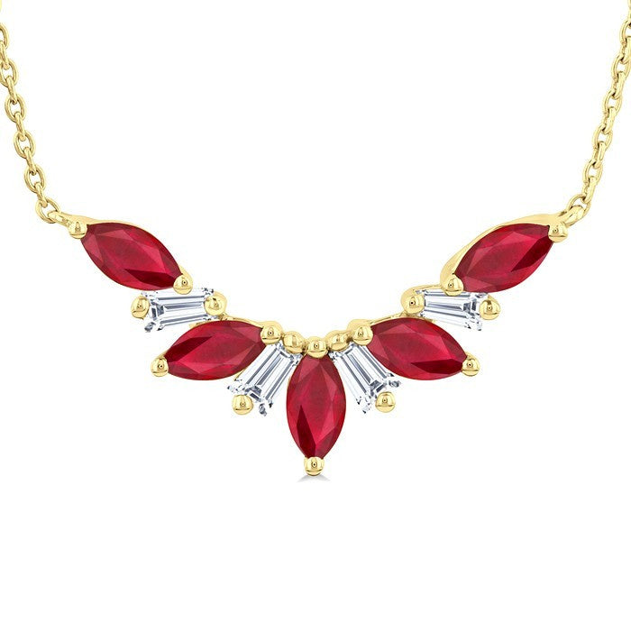 5x2.5 MM Marquise Cut Ruby and 1/6 Ctw Baguette Cut Diamond Precious Gemstone Necklace in 14K Yellow Gold