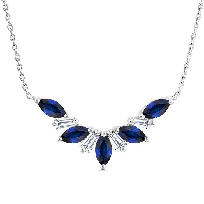 5x2.5 MM Marquise Cut Sapphire and 1/6 Ctw Baguette Cut Diamond Precious Gemstone Necklace in 14K White Gold
