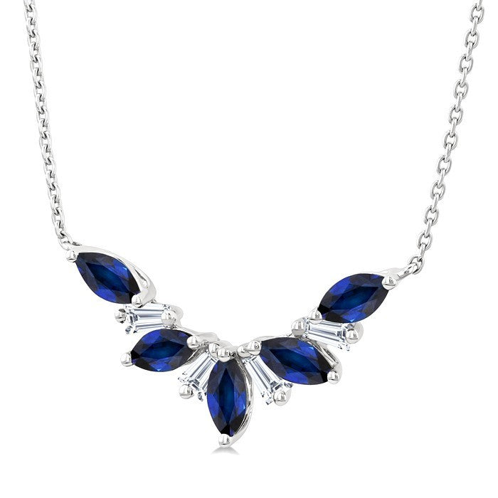 5x2.5 MM Marquise Cut Sapphire and 1/6 Ctw Baguette Cut Diamond Precious Gemstone Necklace in 14K White Gold