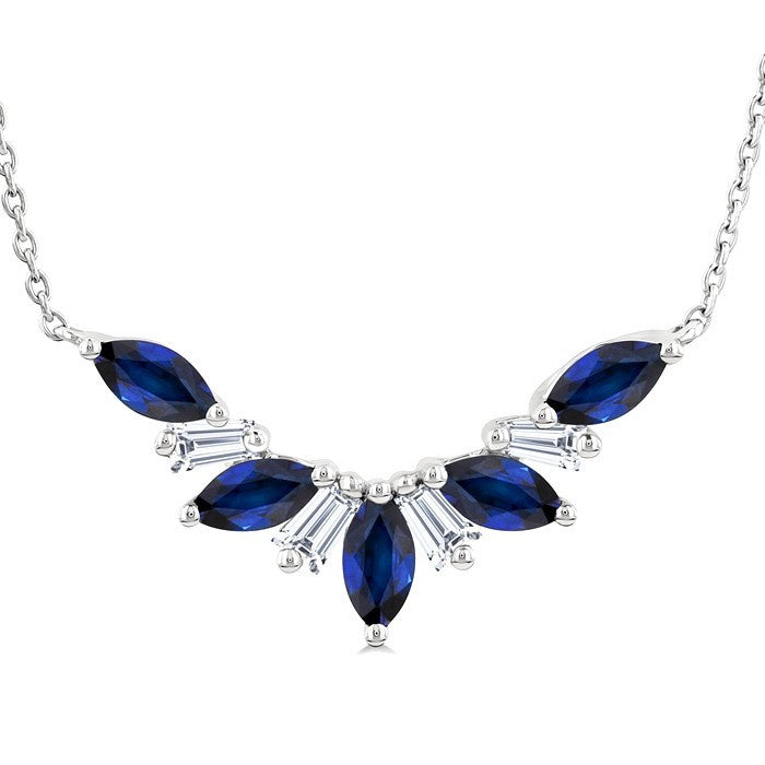 5x2.5 MM Marquise Cut Sapphire and 1/6 Ctw Baguette Cut Diamond Precious Gemstone Necklace in 14K White Gold