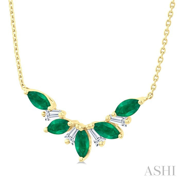 5x2.5 MM Marquise Cut Emerald and 1/6 Ctw Baguette Cut Diamond Precious Gemstone Necklace in 14K Yellow Gold