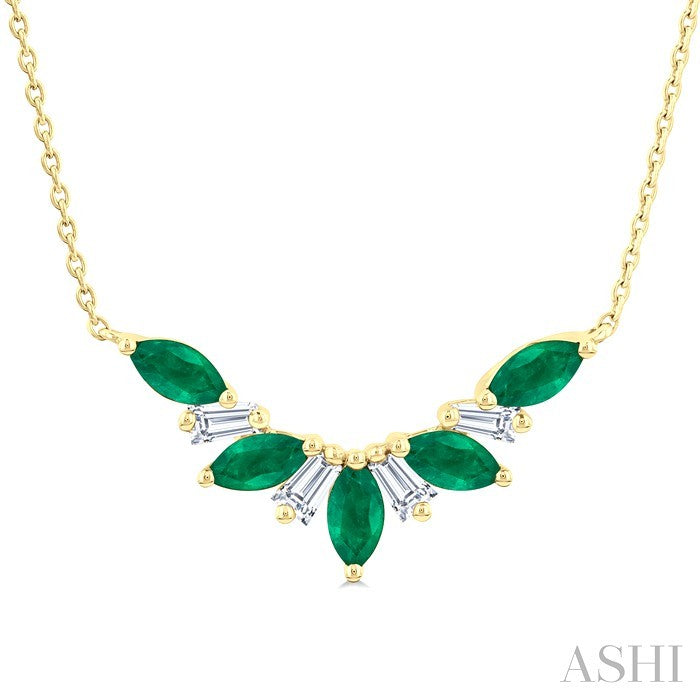 5x2.5 MM Marquise Cut Emerald and 1/6 Ctw Baguette Cut Diamond Precious Gemstone Necklace in 14K Yellow Gold