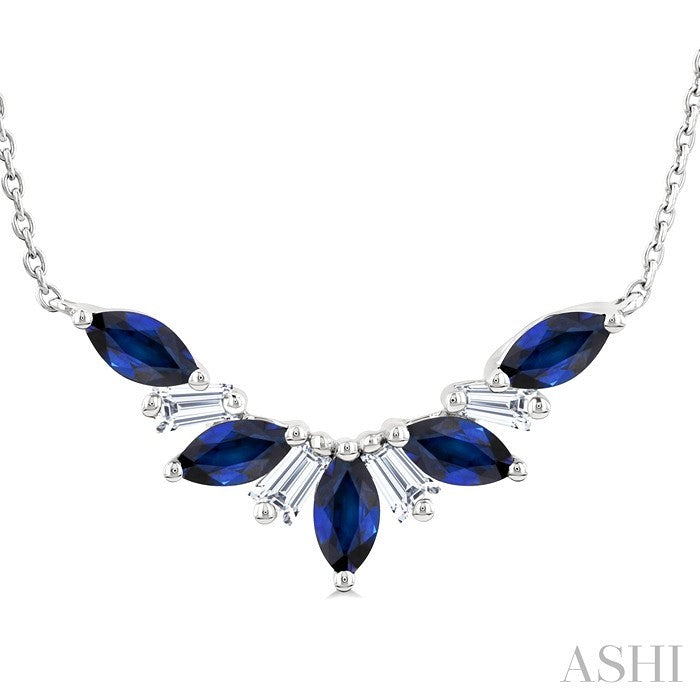 5x2.5 MM Marquise Cut Sapphire and 1/6 Ctw Baguette Cut Diamond Precious Gemstone Necklace in 14K White Gold