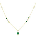 6X4 MM & 2 MM Pear and Round Shape Emerald and 1/6 Ctw Round Cut Diamond Drop Necklace in 14K Yellow Gold