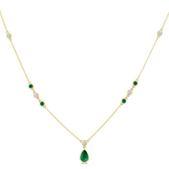 6X4 MM & 2 MM Pear and Round Shape Emerald and 1/6 Ctw Round Cut Diamond Drop Necklace in 14K Yellow Gold