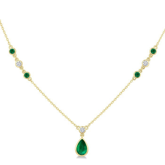 6X4 MM & 2 MM Pear and Round Shape Emerald and 1/6 Ctw Round Cut Diamond Drop Necklace in 14K Yellow Gold