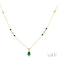 6X4 MM & 2 MM Pear and Round Shape Emerald and 1/6 Ctw Round Cut Diamond Drop Necklace in 14K Yellow Gold