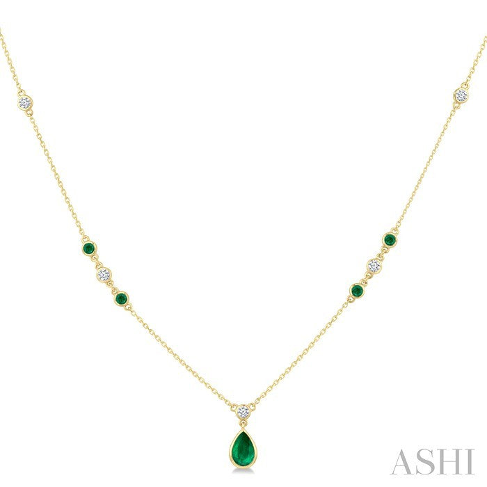 6X4 MM & 2 MM Pear and Round Shape Emerald and 1/6 Ctw Round Cut Diamond Drop Necklace in 14K Yellow Gold