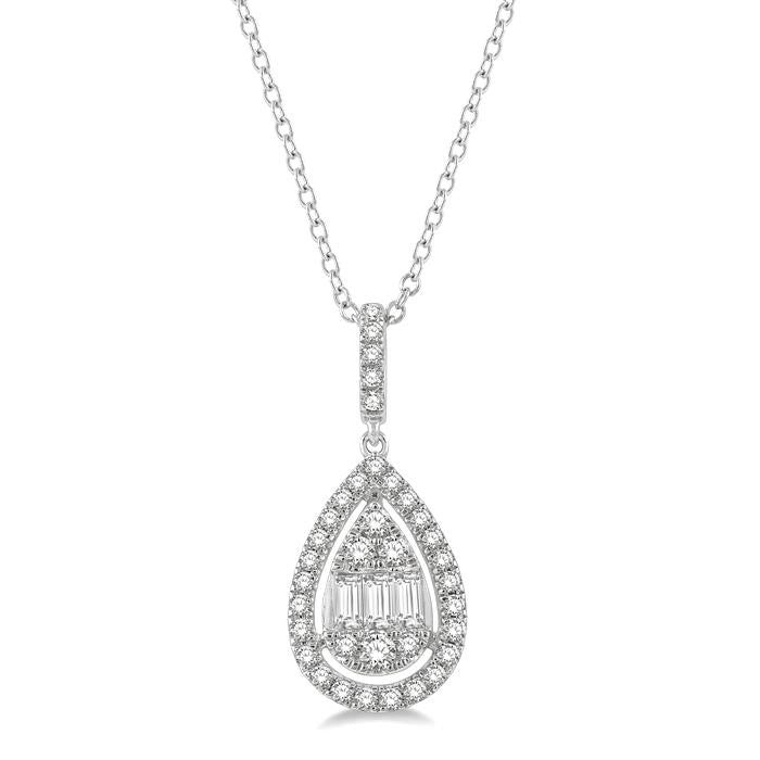 1/3 Ctw Pear Shape Halo Baguette and Round Cut Diamond Fusion Pendant With Chain in 14K White Gold