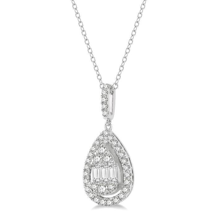 1/3 Ctw Pear Shape Halo Baguette and Round Cut Diamond Fusion Pendant With Chain in 14K White Gold