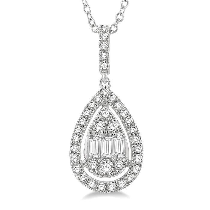 1/3 Ctw Pear Shape Halo Baguette and Round Cut Diamond Fusion Pendant With Chain in 14K White Gold