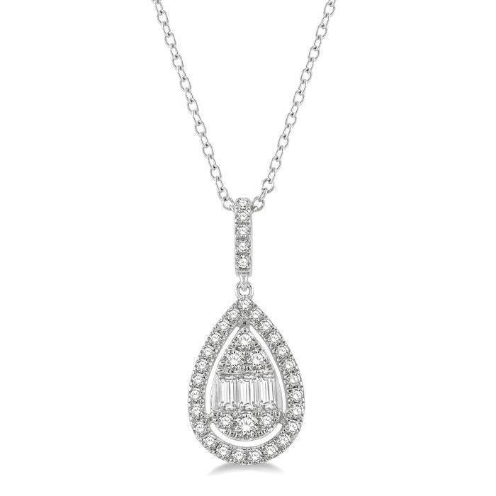 1/3 Ctw Pear Shape Halo Baguette and Round Cut Diamond Fusion Pendant With Chain in 14K White Gold