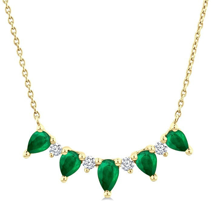 5x3 MM & 4x3 MM Pear Cut Emerald and 1/8 Ctw Round Cut Diamond Precious Necklace in 14K Yellow Gold