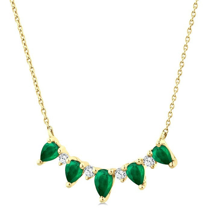 5x3 MM & 4x3 MM Pear Cut Emerald and 1/8 Ctw Round Cut Diamond Precious Necklace in 14K Yellow Gold