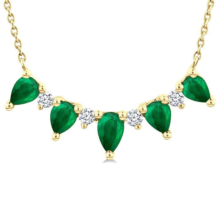 5x3 MM & 4x3 MM Pear Cut Emerald and 1/8 Ctw Round Cut Diamond Precious Necklace in 14K Yellow Gold