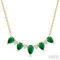 5x3 MM & 4x3 MM Pear Cut Emerald and 1/8 Ctw Round Cut Diamond Precious Necklace in 14K Yellow Gold