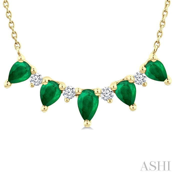 5x3 MM & 4x3 MM Pear Cut Emerald and 1/8 Ctw Round Cut Diamond Precious Necklace in 14K Yellow Gold